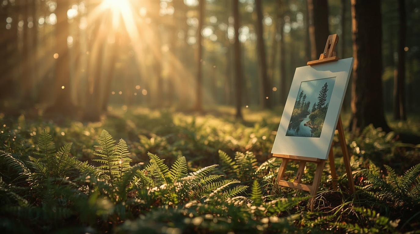 Staffellei im Wald mit Farnen umgeben Symbolbild für Corporate Design