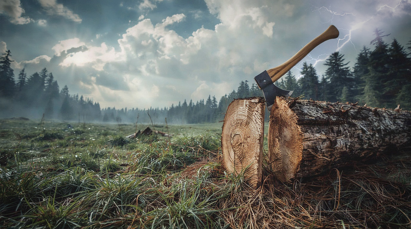 Waldlichtung mit Baumstamm und Axt Symbolbild für Hacking
